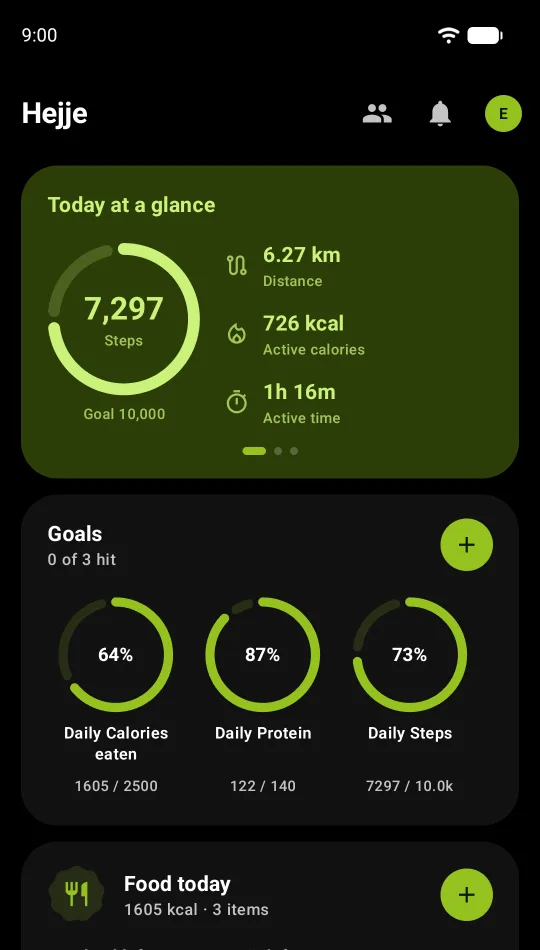 The Hejje home screen: steps, distance and active calories for today, above rings for daily calorie, protein and step goals.