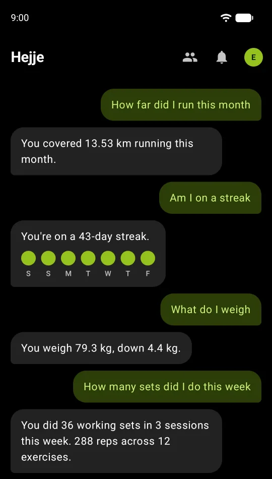 A conversation with Kaya answering how far the user ran this month, whether they are on a streak, what they weigh, and how many sets they did this week.