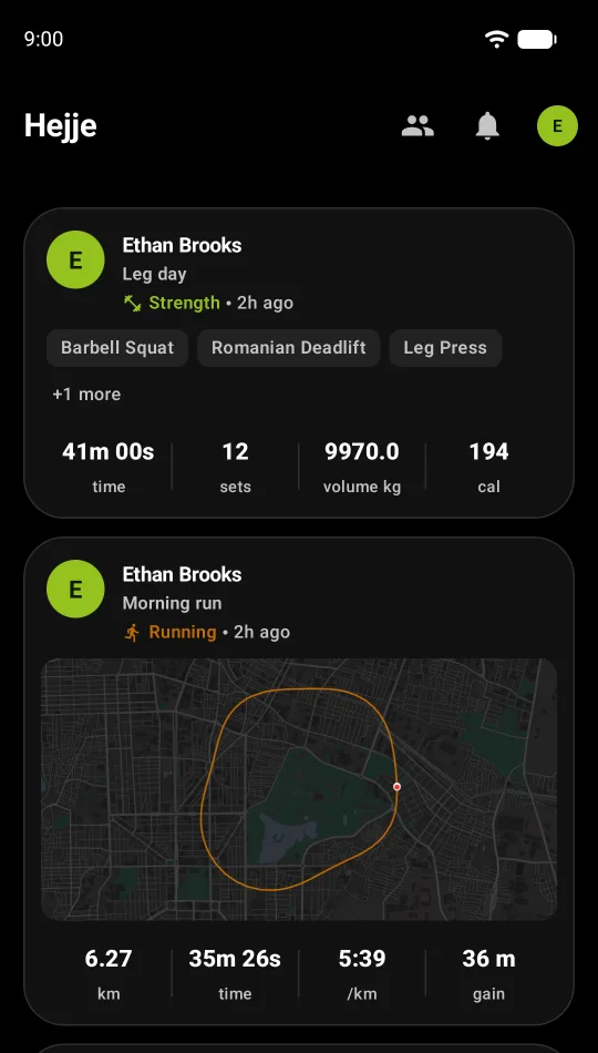 The activity feed: a strength session showing sets and volume, and a run showing its route on a map with distance, time, pace and elevation gain.